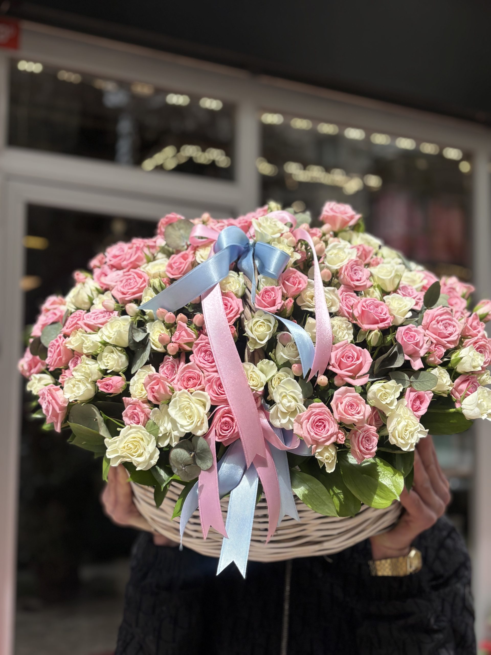 Luxury Pink & White Spray Rose Basket