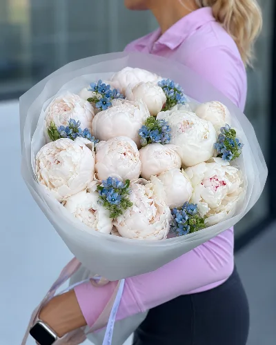 Pure Devotion – 15 White Peonies & Blue Oxypetalum Bouquet