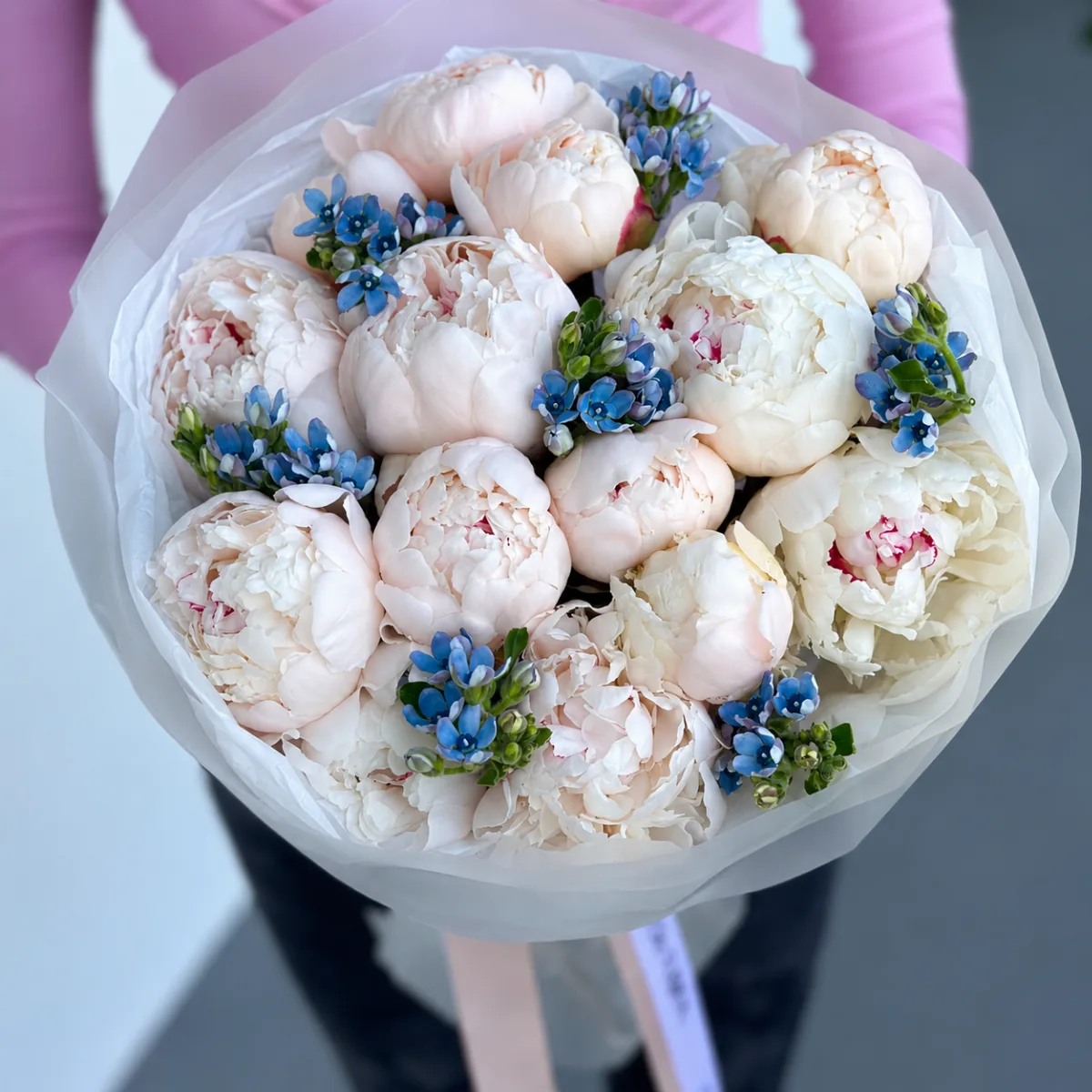 Pure Devotion – 15 White Peonies & Blue Oxypetalum Bouquet